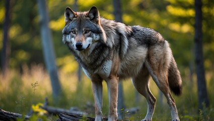 Obraz premium Majestic gray wolf during summer months in its natural habitat