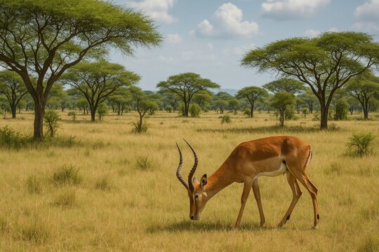 Nature reserve showcasing antelope grazing in the open savanna with tree clusters