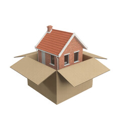 Detailed miniature brick house with red tiled roof sitting inside an open cardboard box isolated on transparent background