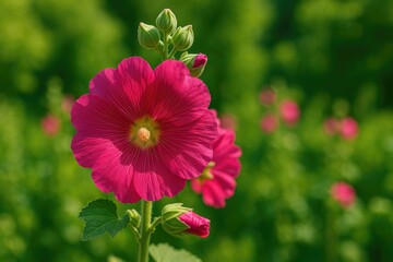 Bright pink hollyhock flowers during the summer season