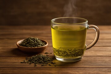 Steaming green tea in a transparent mug alongside dried tea leaves on a wooden tabletop, with space for text.