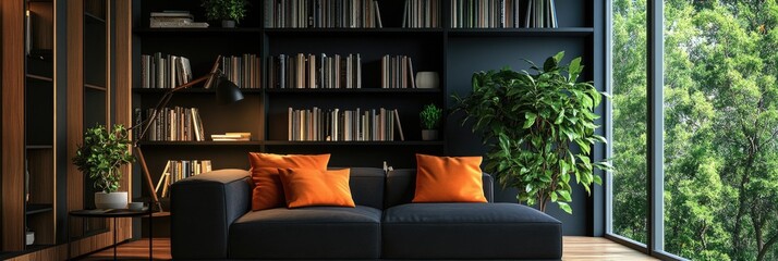 Modern living room with windows & shelves