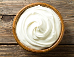 Creamy delight: A top-down view of plain yogurt in a wooden bowl
