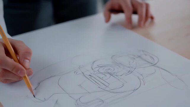 Close-up of a hand sketching a design on white paper