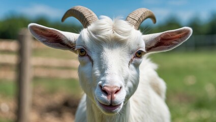 Charming domestic goat portrait showcasing its white fur and playful expression outdoors