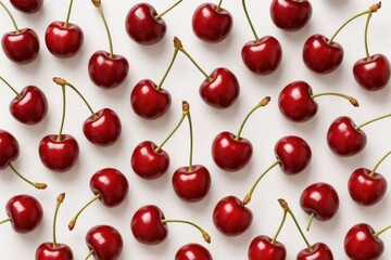Bright red cherries scattered on a white surface