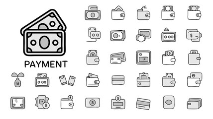 Payment methods icons set featuring cash, wallets, and cards in a simple style