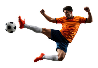 Soccer player kicking ball isolated on transparent background