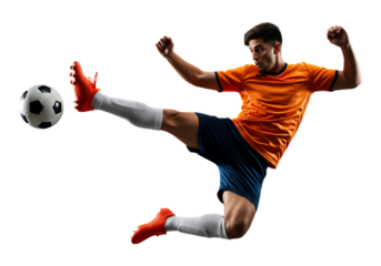 Soccer player kicking ball isolated on transparent background