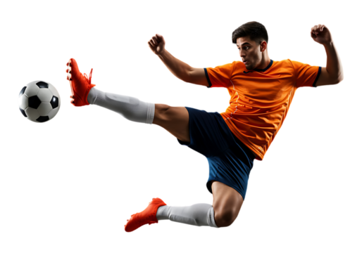 Soccer player kicking ball isolated on transparent background