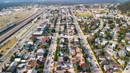 Aerial view of Jasper Town on a sunny summer day. Streets and homes, Alberta - Canada