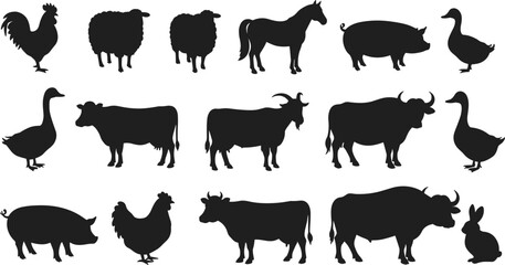 Complete Set of Farm Animal Silhouettes – Vector Livestock Icons for Agriculture, Kids Learning, Branding, and Rural Clipart Design