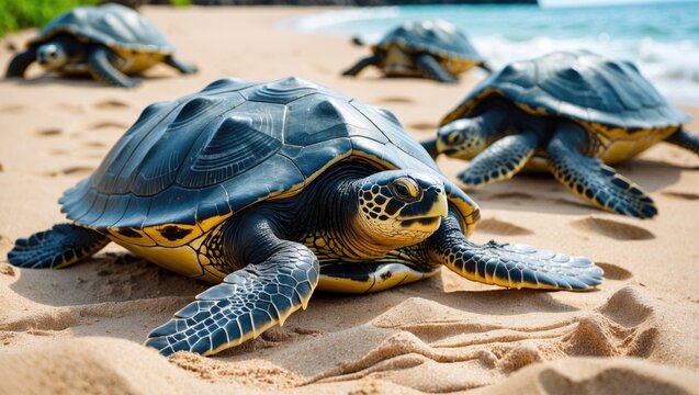 Tropical green sea turtles resting along a serene shoreline