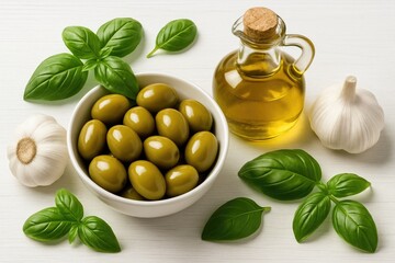 A recipe featuring green olives, fresh basil, garlic, and cooking oil
