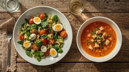 Refreshing summer dish idea with green salad, pasta, cherry tomatoes, and quail eggs