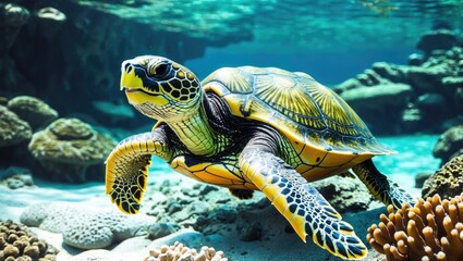 Fototapeta premium Sea turtle nestled among colorful coral structures