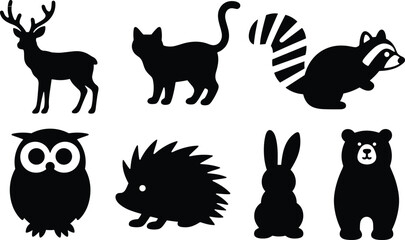 Forest Animal Silhouette Icons – Vector Wildlife Clipart with Owl, Deer, Raccoon, Squirrel, Nest, Eggs, Butterfly, Tree