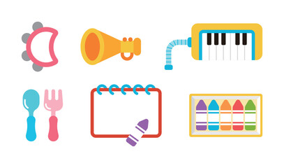 Children's instruments, toys, and baby products, including tambourines, trumpets, forks, spoons, sketchbooks, and colored pencils. Objects related to children, kindergartens, education, and parenting.