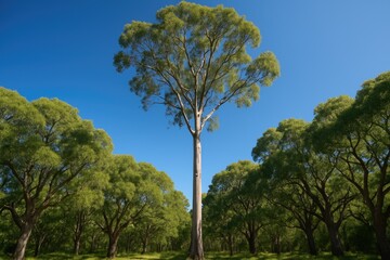 Looking up at a tall Eucalyptus tree extending into the vibrant sky within an old forest