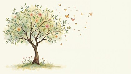 
Whimsical watercolor illustration of a flowering tree and butterflies representing spring and new beginnings against a soft background with copy space