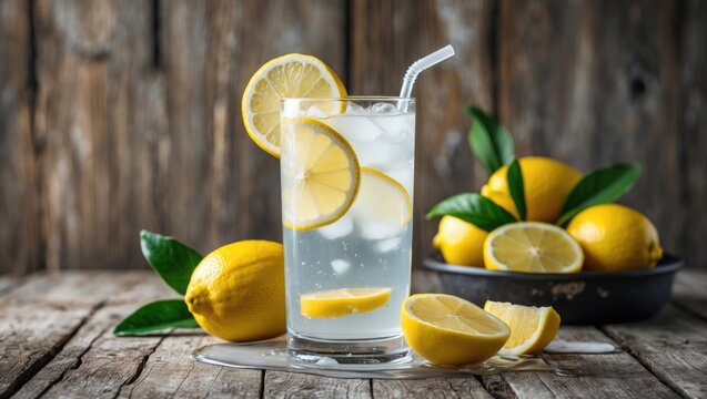 Homemade Citrus Drink Featuring Lemon Slices on a Rustic Wooden Table