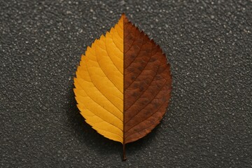 A leaf with one side yellow and the other brown