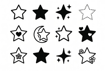 Celestial Emblems: A collection of meticulously crafted star icons in monochrome, showcasing a variety of elegant styles for design.