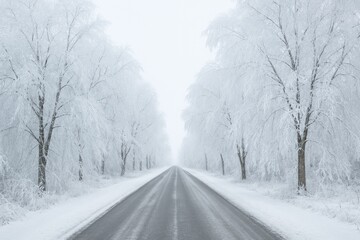 Tree branches coated in ice along a roadway amidst a harsh weather condition