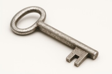 Close-up of a key against a white backdrop with blurred depth of field