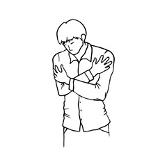 man hugging himself with head tilted forward, loneliness, self-soothing - hand drawn doodle sketch