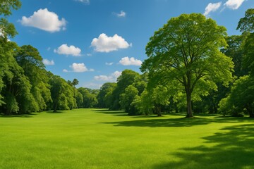Fototapeta premium Verdant Fields and Tree-lined Landscapes within a Major Botanical Reserve in a Tropical Island. Situated West of a Prominent City in the Central Mountain Area. Sunny Day with a Bright Blue Sky.