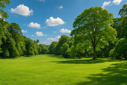 Verdant Fields and Tree-lined Landscapes within a Major Botanical Reserve in a Tropical Island. Situated West of a Prominent City in the Central Mountain Area. Sunny Day with a Bright Blue Sky.