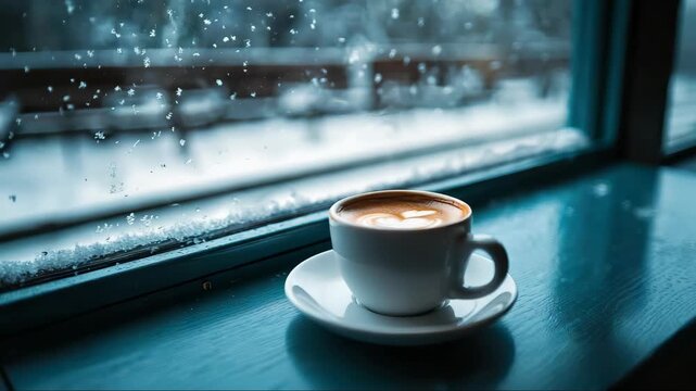 Warm cup of coffee sits on a windowsill while snowflakes gently fall outside in a cozy winter setting