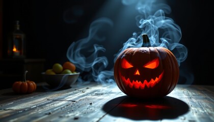 Halloween pumpkin glow dark setting cinematic poster spooky atmosphere close-up eerie vibes for halloween enthusiasts