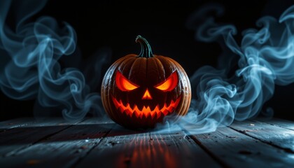 Spooky halloween pumpkin dark cinematic setting digital art mysterious atmosphere close-up frightening concept