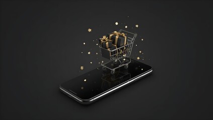 Miniature shopping cart overflowing with us dollar bills levitating above a modern smartphone on a dark background symbolizing online shopping and e commerce success