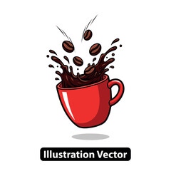 Energetic Morning Coffee Splash With Beans in a Red Cup - Vector Illustration