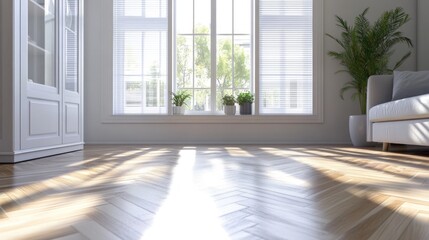 Fototapeta premium Bright and airy living room with wooden flooring