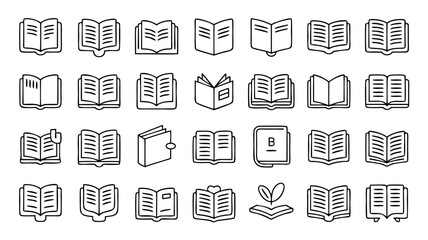 Collection of diverse book icons representing reading, learning, and knowledge in simple line art