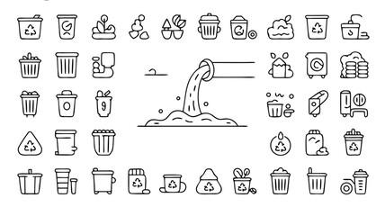 Waste management illustration featuring various types of garbage and pollution sources icons