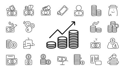 Outline illustrations depicting financial growth, money management, and diverse currency related concepts