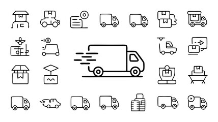 Set of vector delivery icons in thin line style depicting various transportation methods