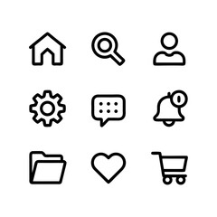 Minimalist interface icons featuring home, search, user, settings, message, notification, folder, heart, and shopping cart