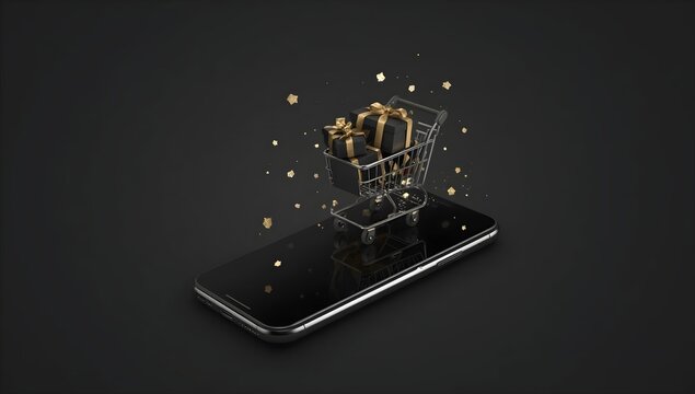 Miniature shopping cart overflowing with us dollar bills levitating above a modern smartphone on a dark background symbolizing online shopping and e commerce success