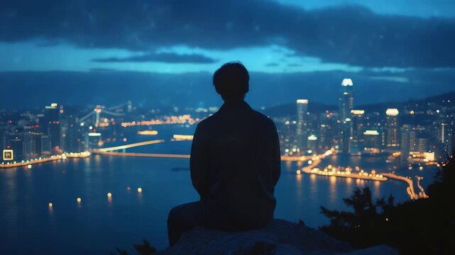 City Skyline Night Person Sitting Cliff Water View Lights Horizon Scene