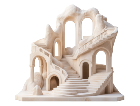 Discover surreal ancient stone staircase leading to mysterious arched doorways and scenic vistas