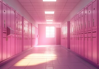 Pink school hallway with lockers