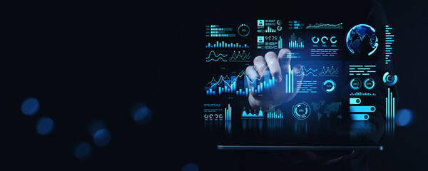 Business data analytics dashboard with futuristic holographic interface concept.