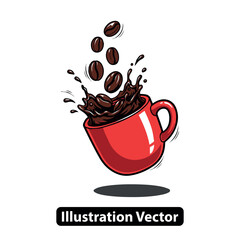 Dynamic illustration of coffee splashing from a vibrant red cup with falling beans, depicting an energetic beverage concept.
