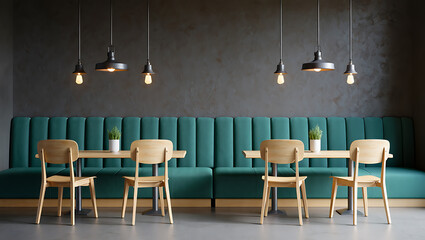 Modern cafe interior with teal booth seating and wooden chairs image